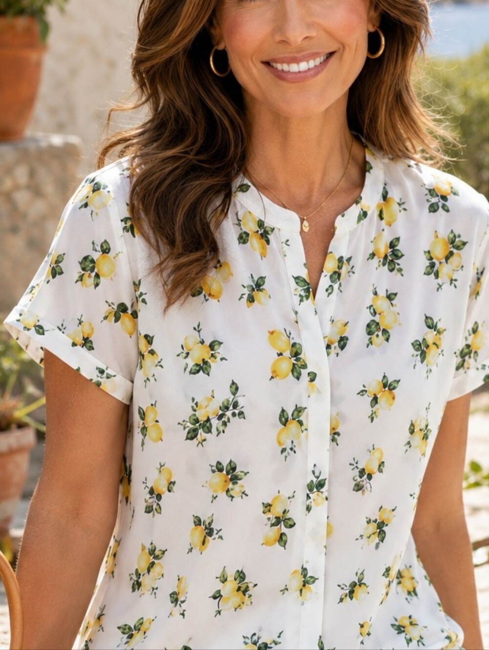 White Lemon Print Button Front Blouse